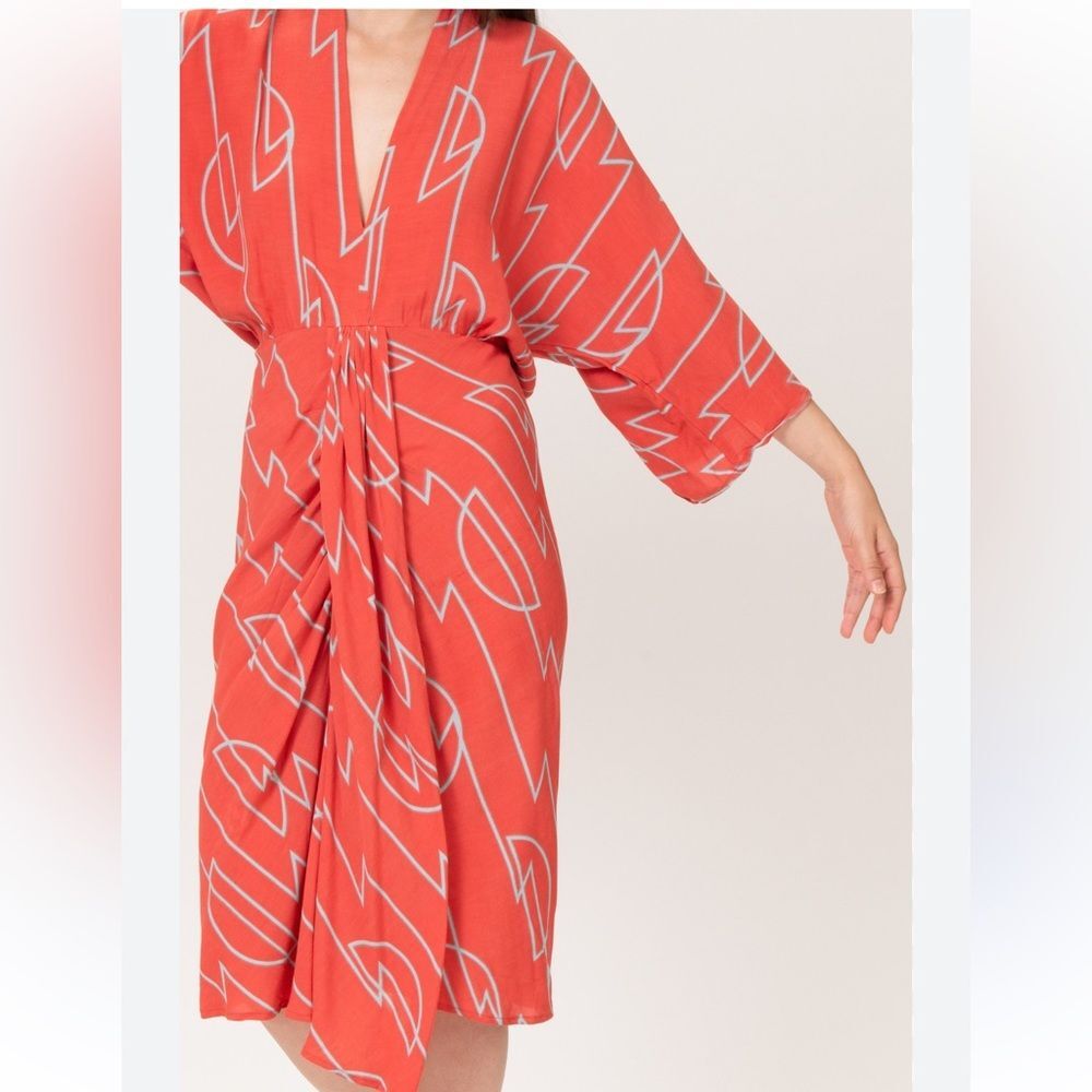 Bel Kazan Fidel Dress in Coral Zig Zag Midi Kimono size XS
